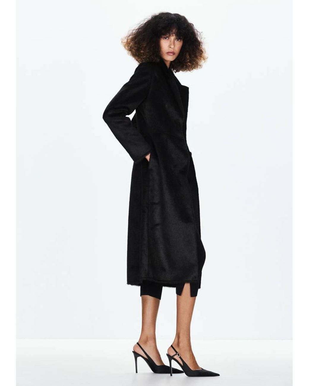 Mango Black Midi Faux Fur Coat