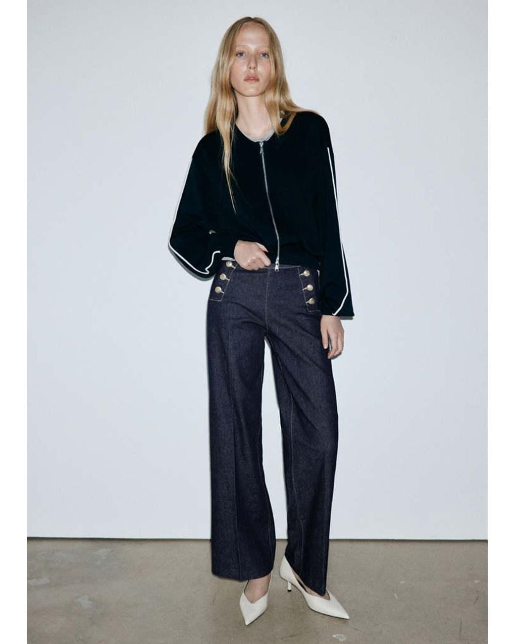 Mango Blue Wide-Leg Jeans With Side Buttons