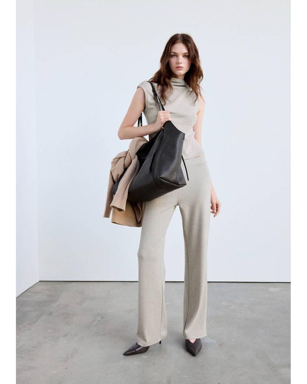 Mango White Ribbed Straight-Leg Trousers