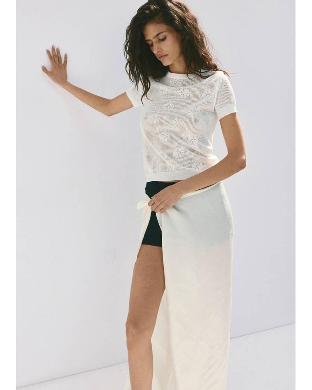 Mango White Semi-Transparent Floral Crochet Sweater
