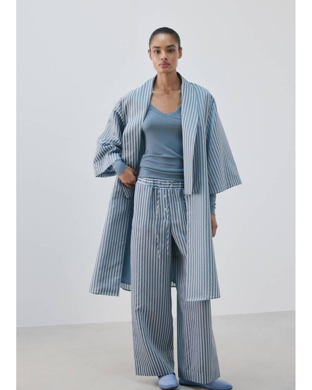 Mango Blue Silk Blend Striped Kaftan Pyjamas
