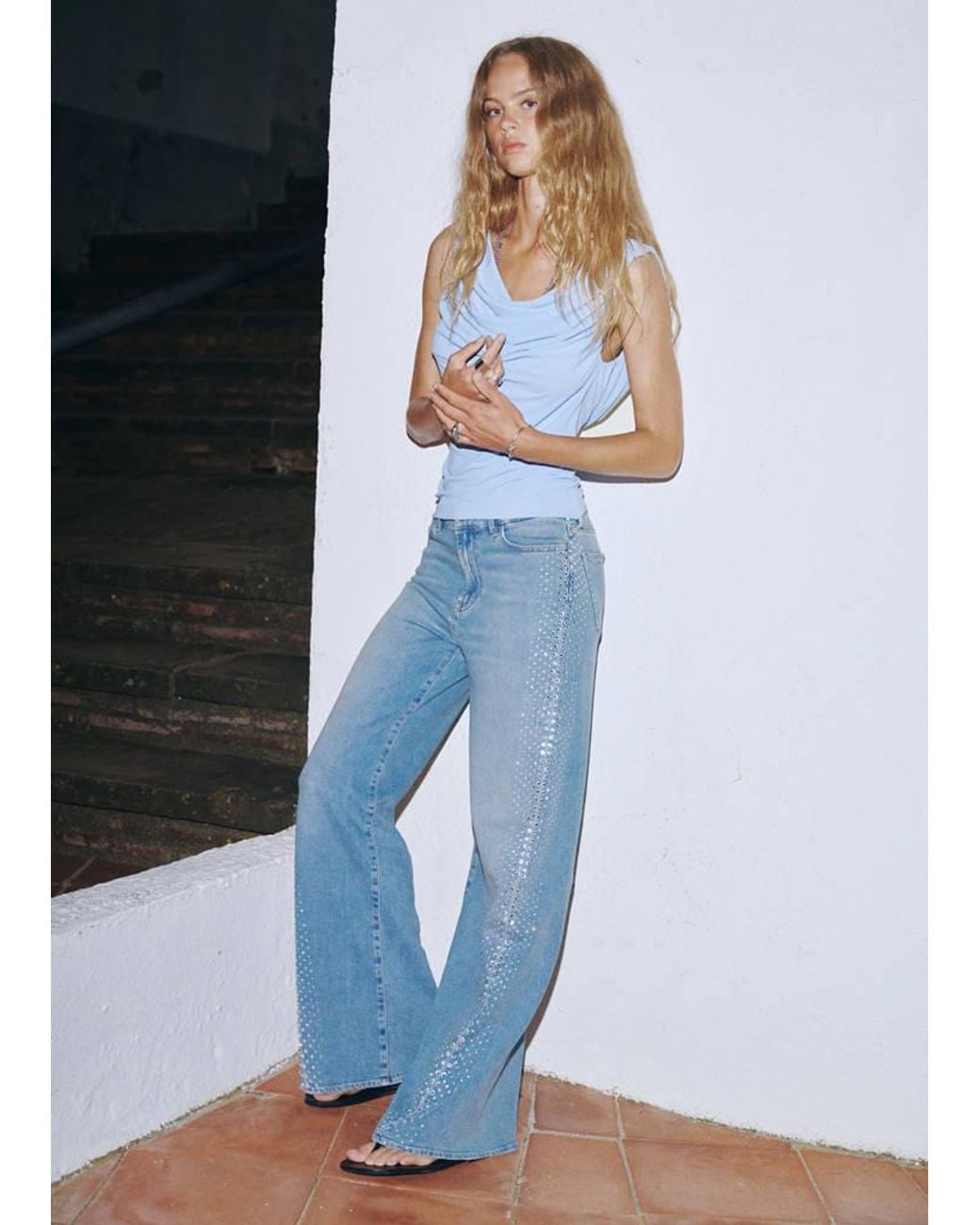 Mango Blue Shiny Wide-Leg Jeans