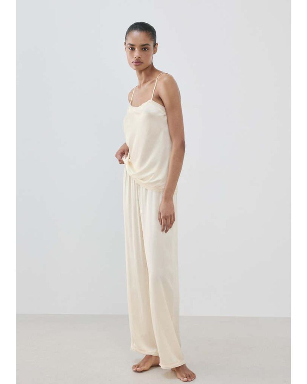 Mango White Satin Lace-Trim Pyjama Trousers