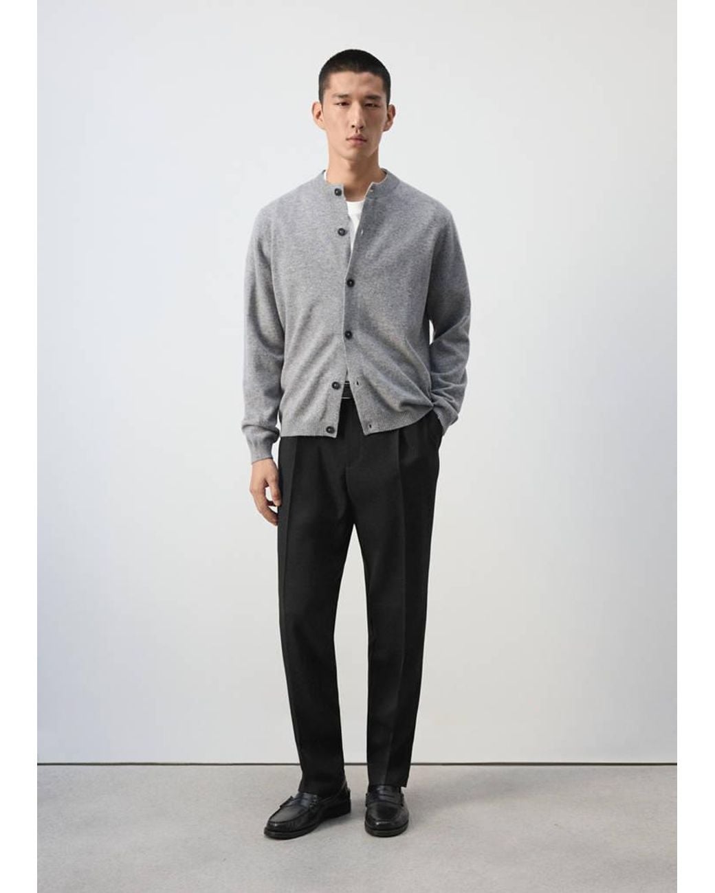 Mango Gray 100% Wool Fine-Knit Cardigan for men