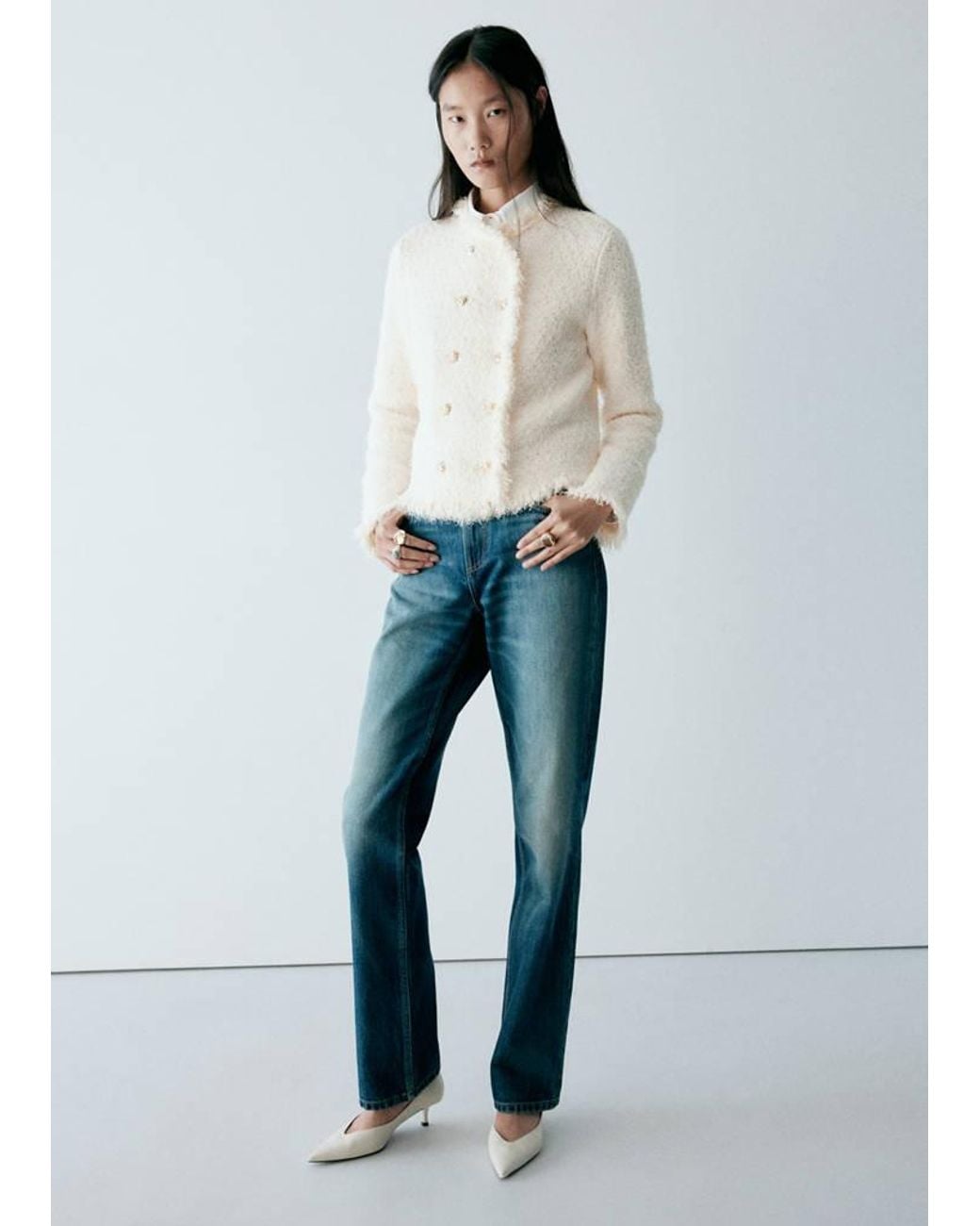 Mango Blue Double-Breasted Tweed Jacket