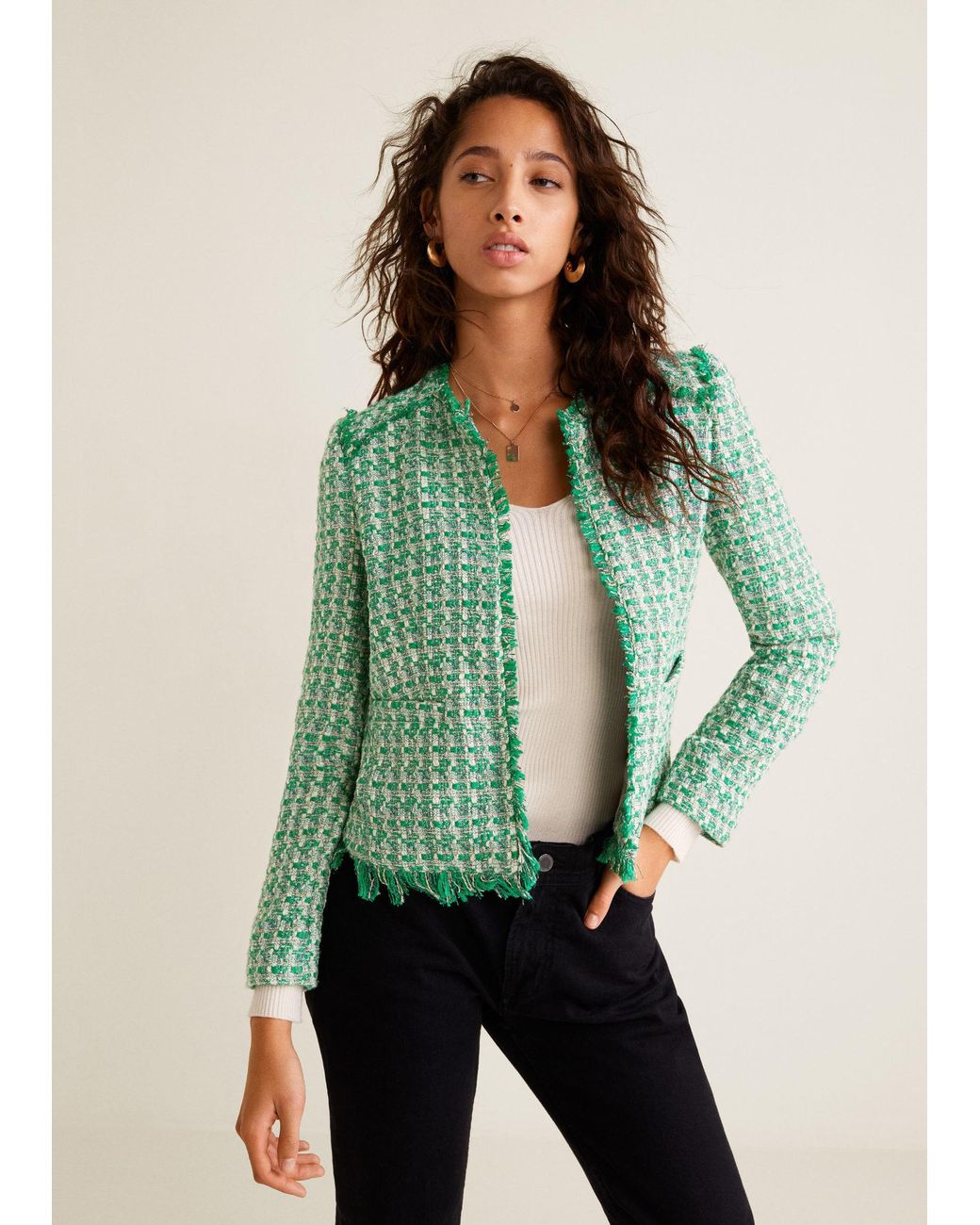 Mango Pocket Tweed Jacket in Green Lyst UK