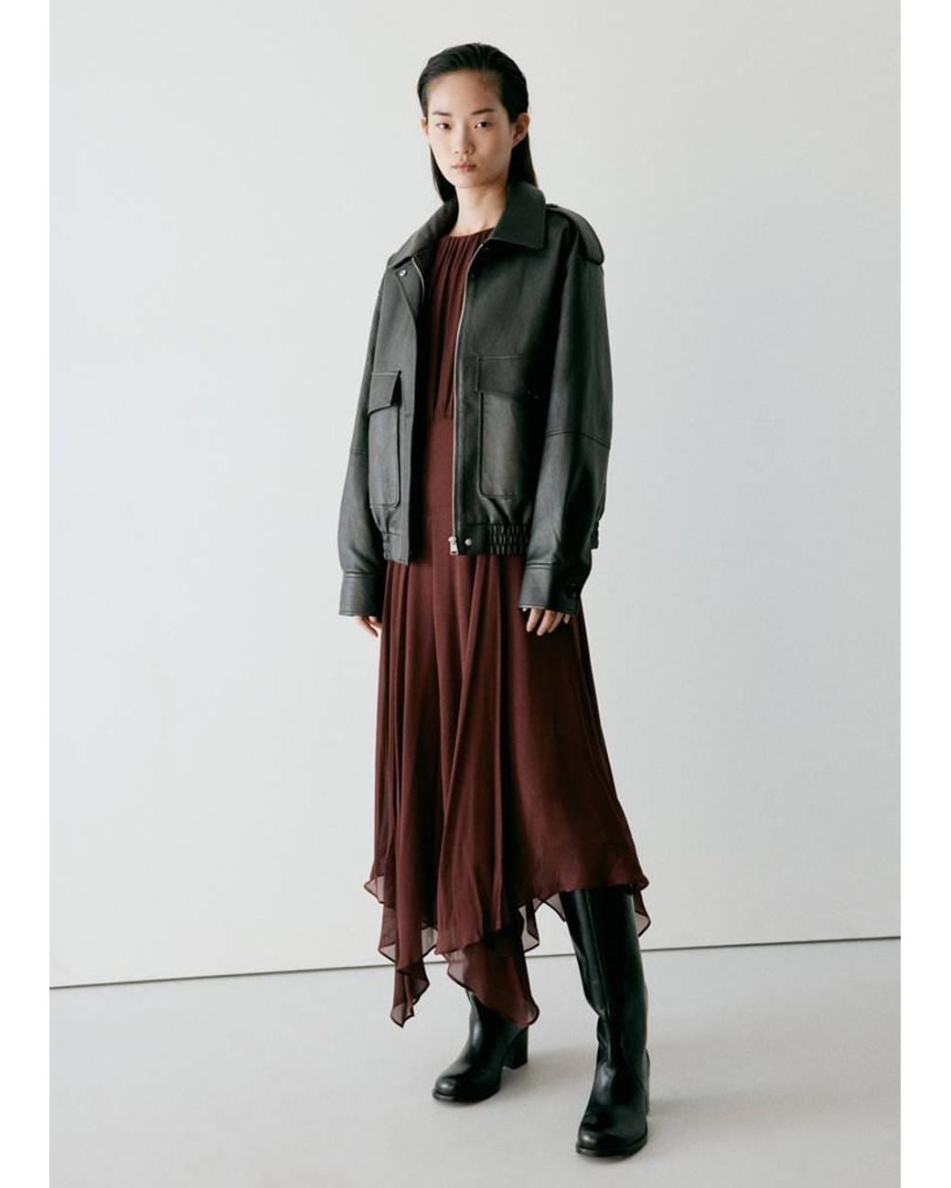 Mango Red Asymmetric-Hem Chiffon Dress