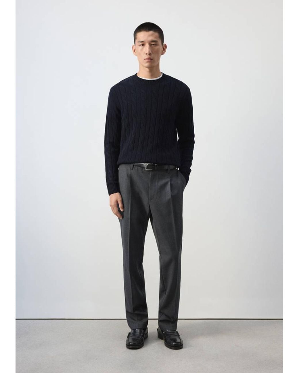 Mango Blue Regular Fit Wool Blend Trousers With Pleats for men
