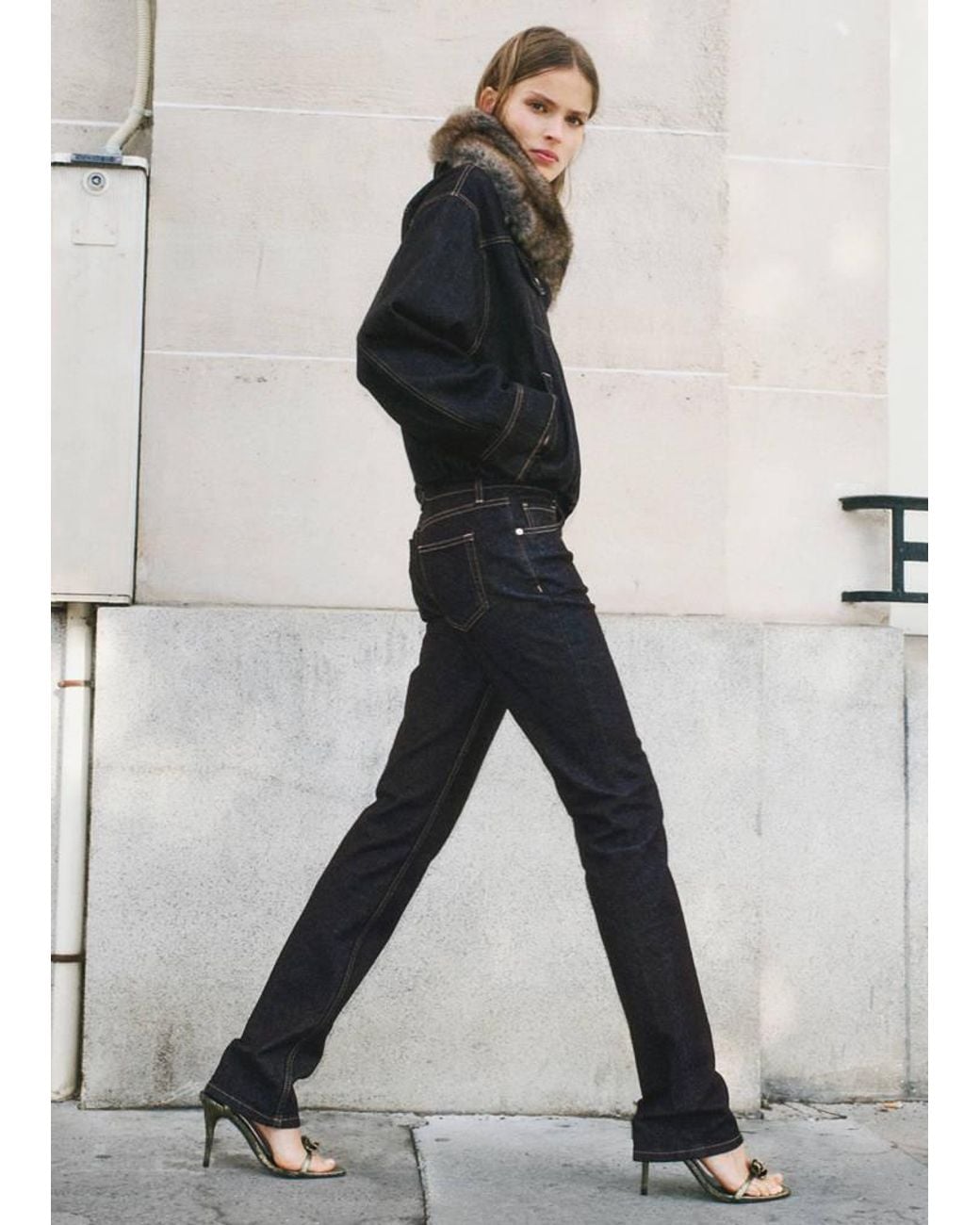 Mango Black Denim Jacket With Faux Fur Collar