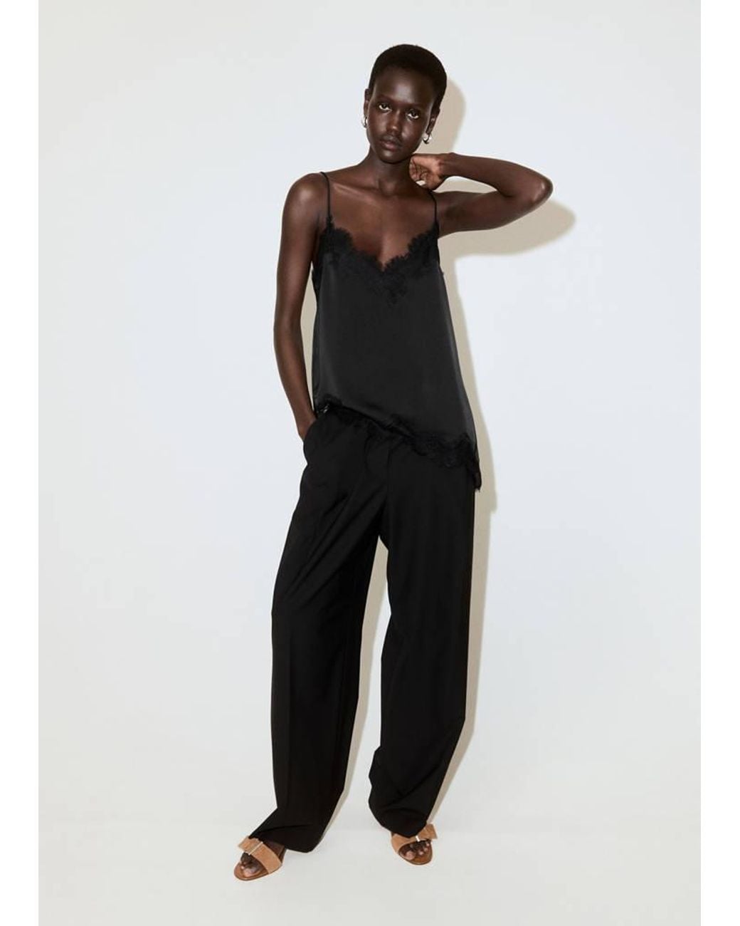 Mango Black Asymmetric Lace Camisole Top