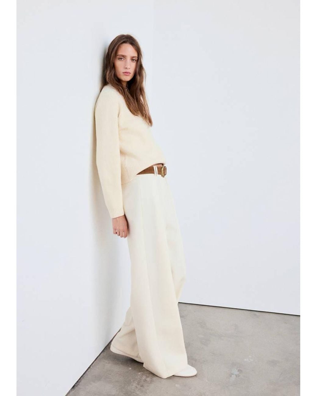 Mango White Ribbed V-Neck Jumper