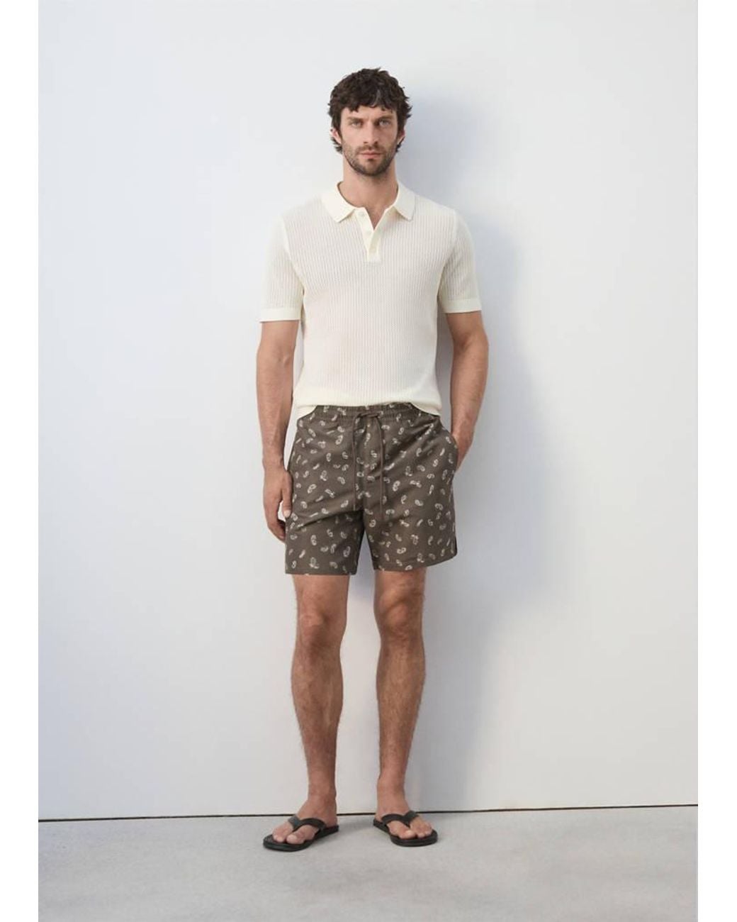 Mango White Printed Drawstring Swimming Costume for men