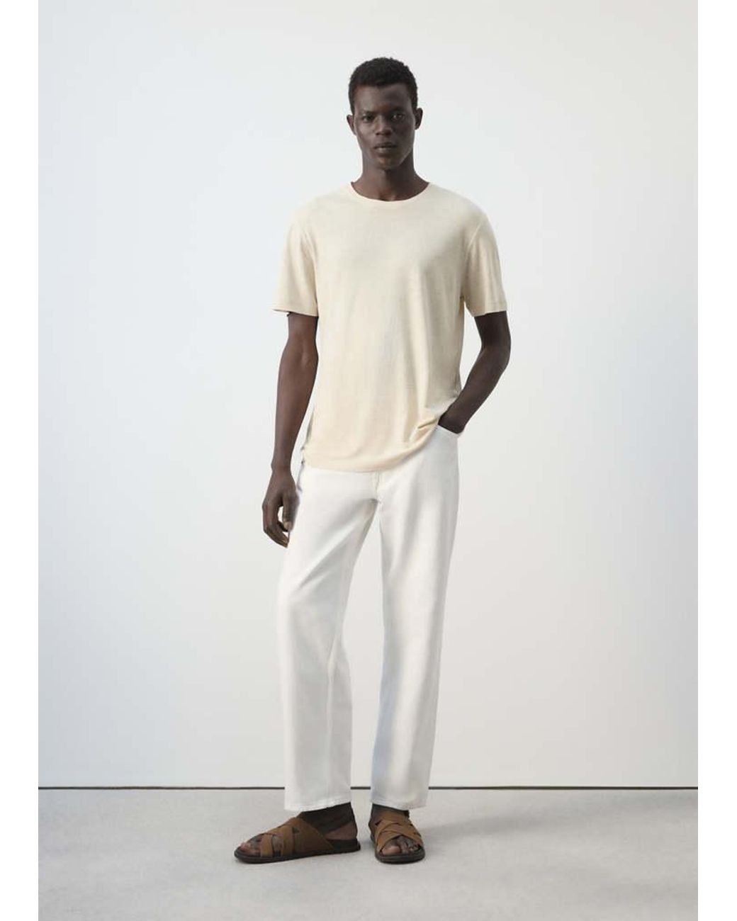 Mango White Linen Blend Slim Fit T-Shirt for men
