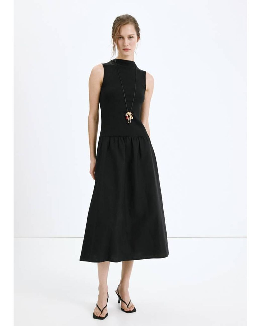 Mango Black Contrast-Bodice Dress
