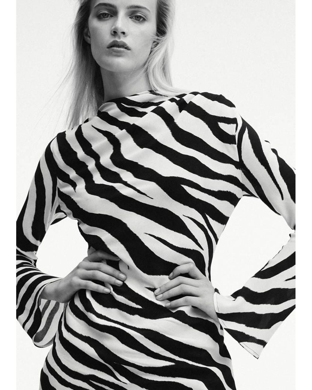 Mango White Zebra-Print Dress With Flared Sleeves