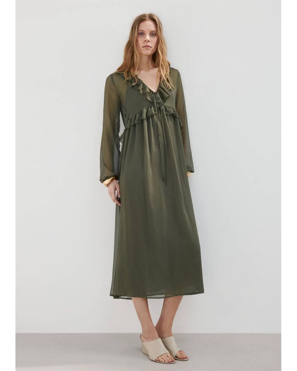 Mango Green Ruffles Flowy Dress