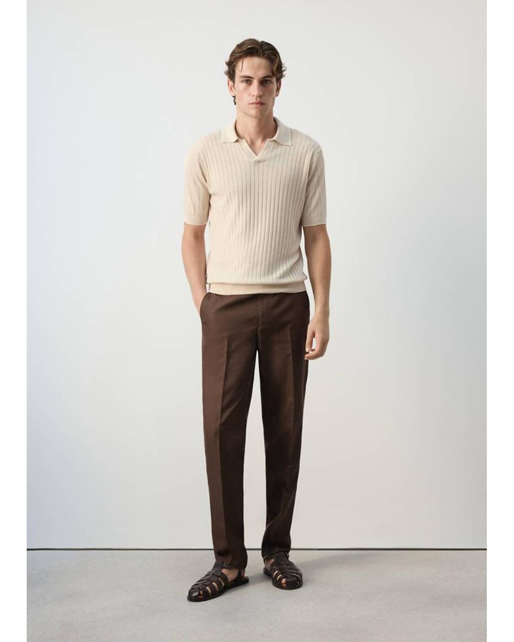 Mango Natural Ribbed Linen Lyocell Blend Polo for men