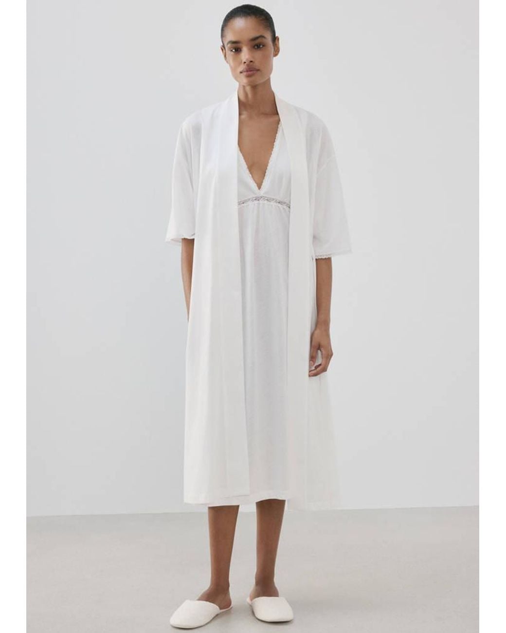 Mango White Cotton Robe With Lace