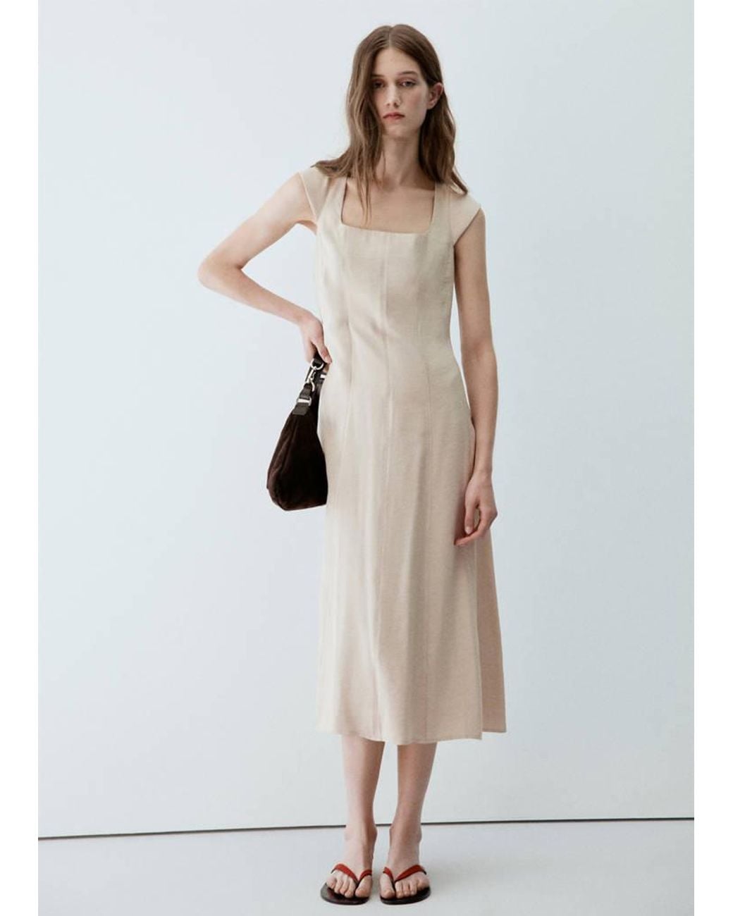 Mango White Square-Neck Dress With Seam Detailing