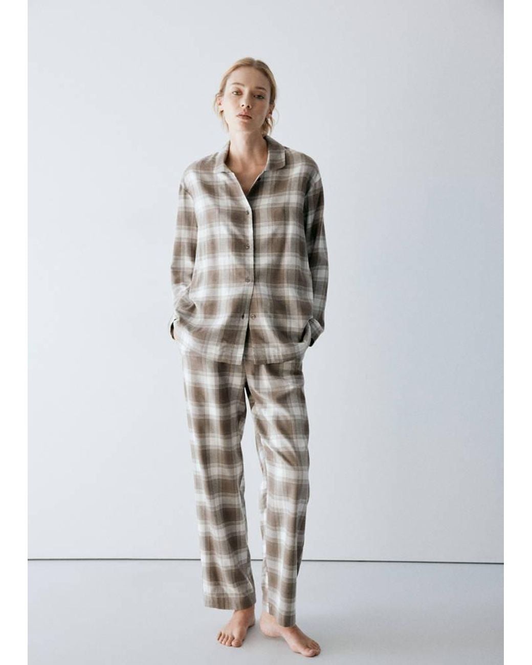 Mango White Plaid Flannel Pajama Shirt