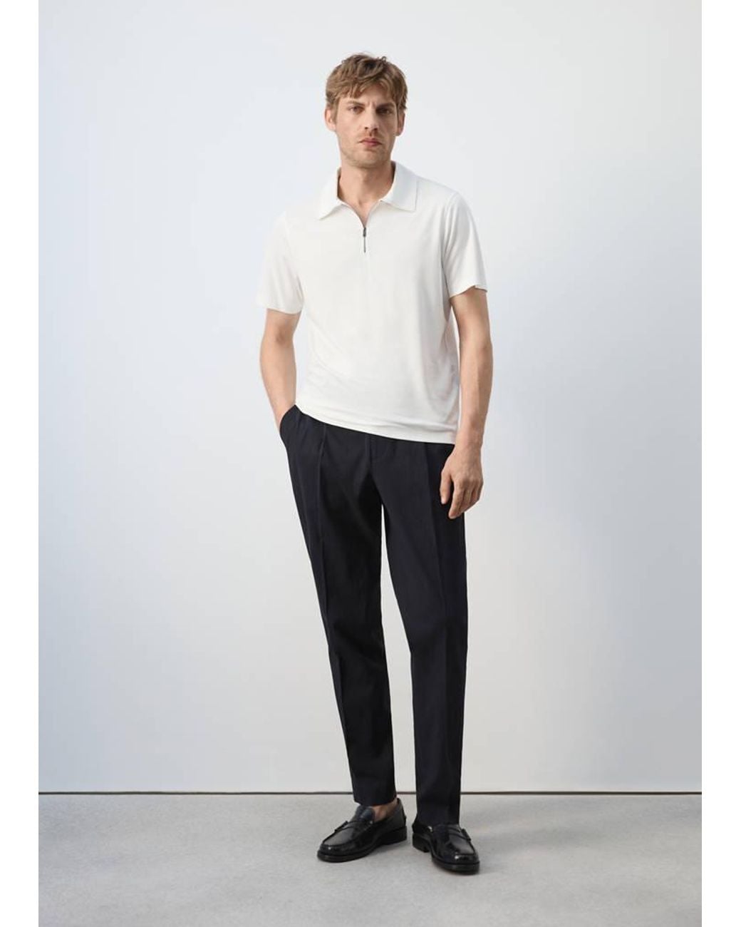 Mango White Regular Fit Zip Polo for men