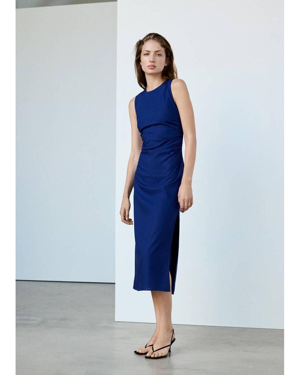 Mango Blue Side Ruched Dress With Tie Detail