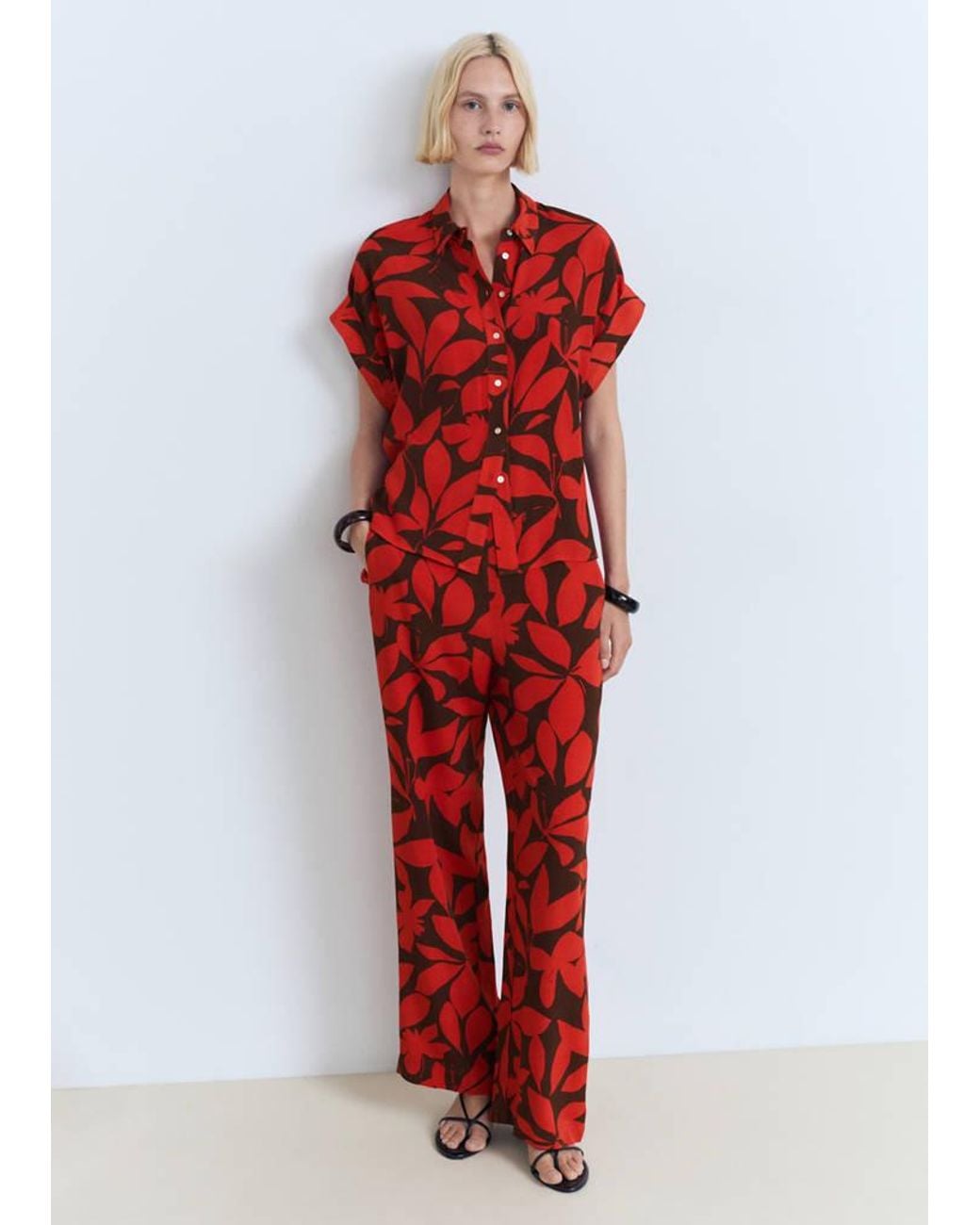 Mango Red Flowy Printed Trousers