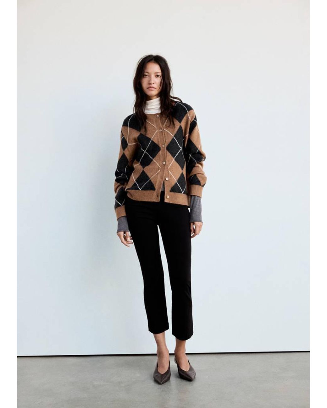 Mango White Diamond-Pattern Cardigan With Scarf Detail