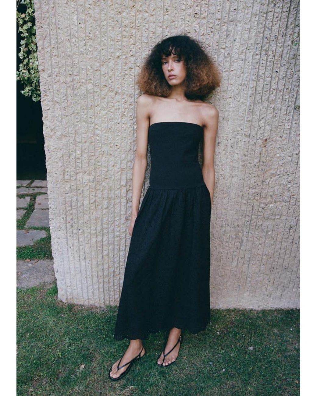 Mango Black Strapless Dress With Broderie Anglaise Embroidery