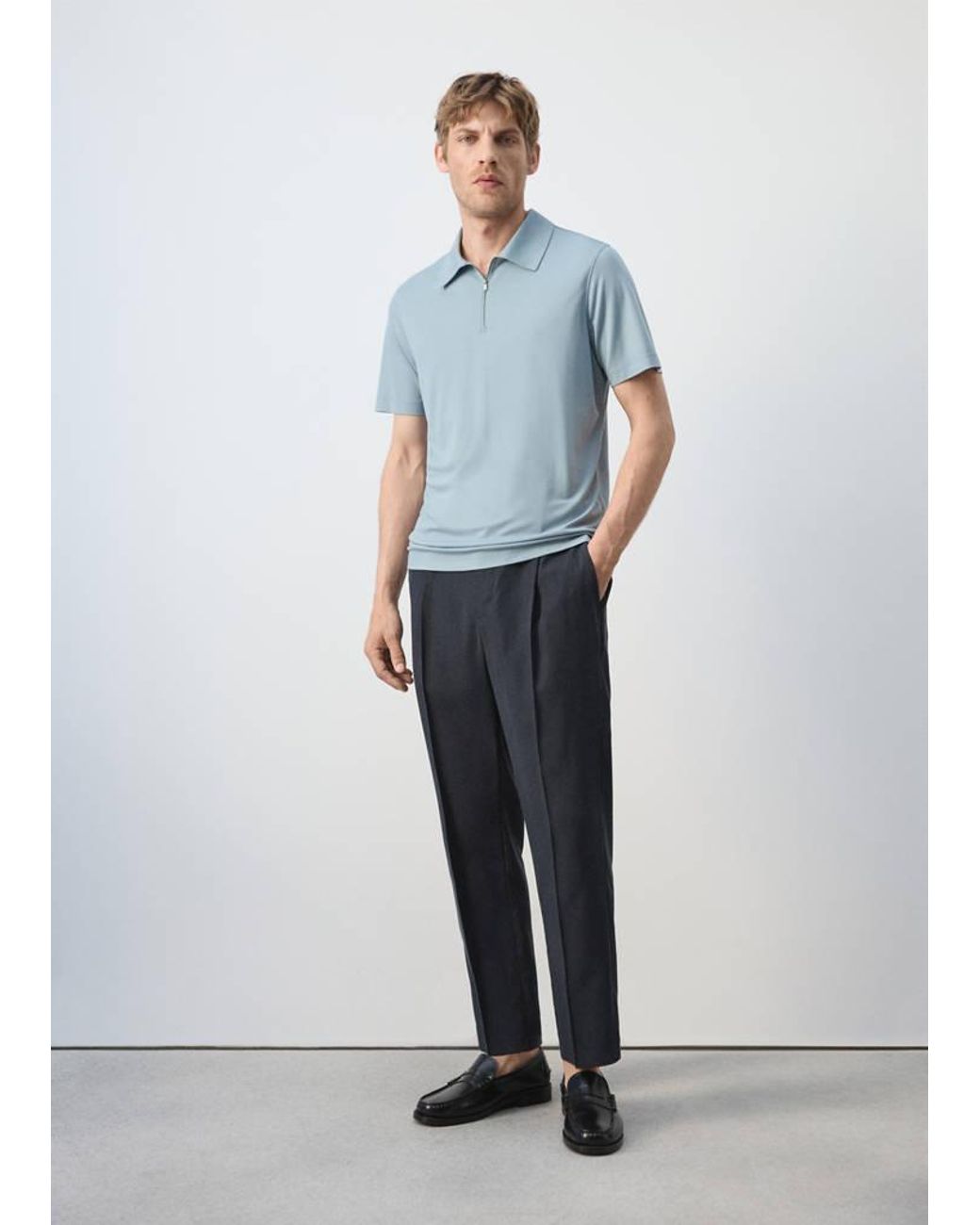 Mango Blue Regular Fit Zip Polo for men