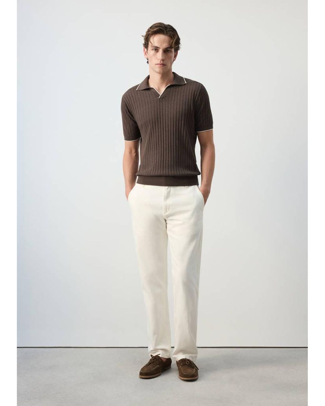 Mango White Ribbed Linen Lyocell Blend Polo for men