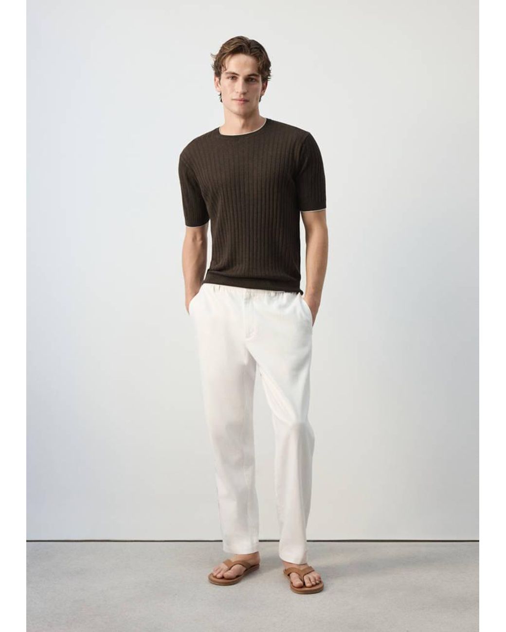 Mango White Ribbed Linen Lyocell Blend T-Shirt for men