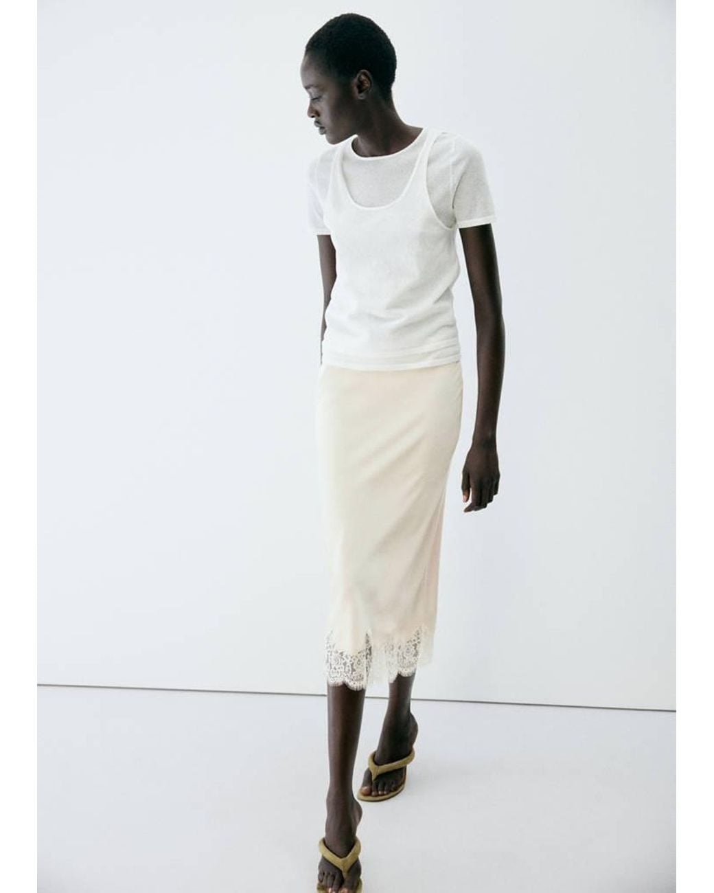 Mango White Satin Lace Skirt