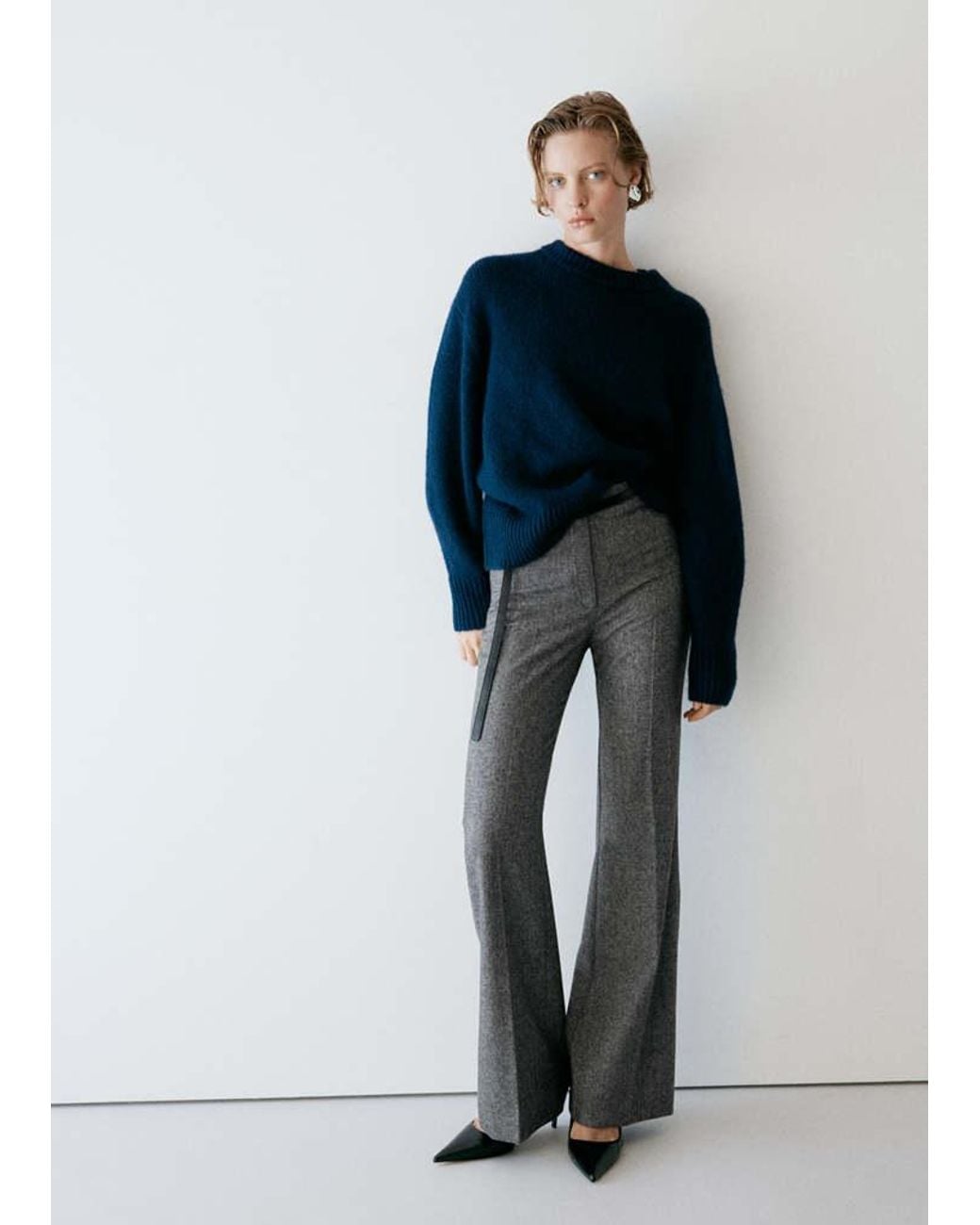 Mango Blue Herringbone Wool Suit Trousers