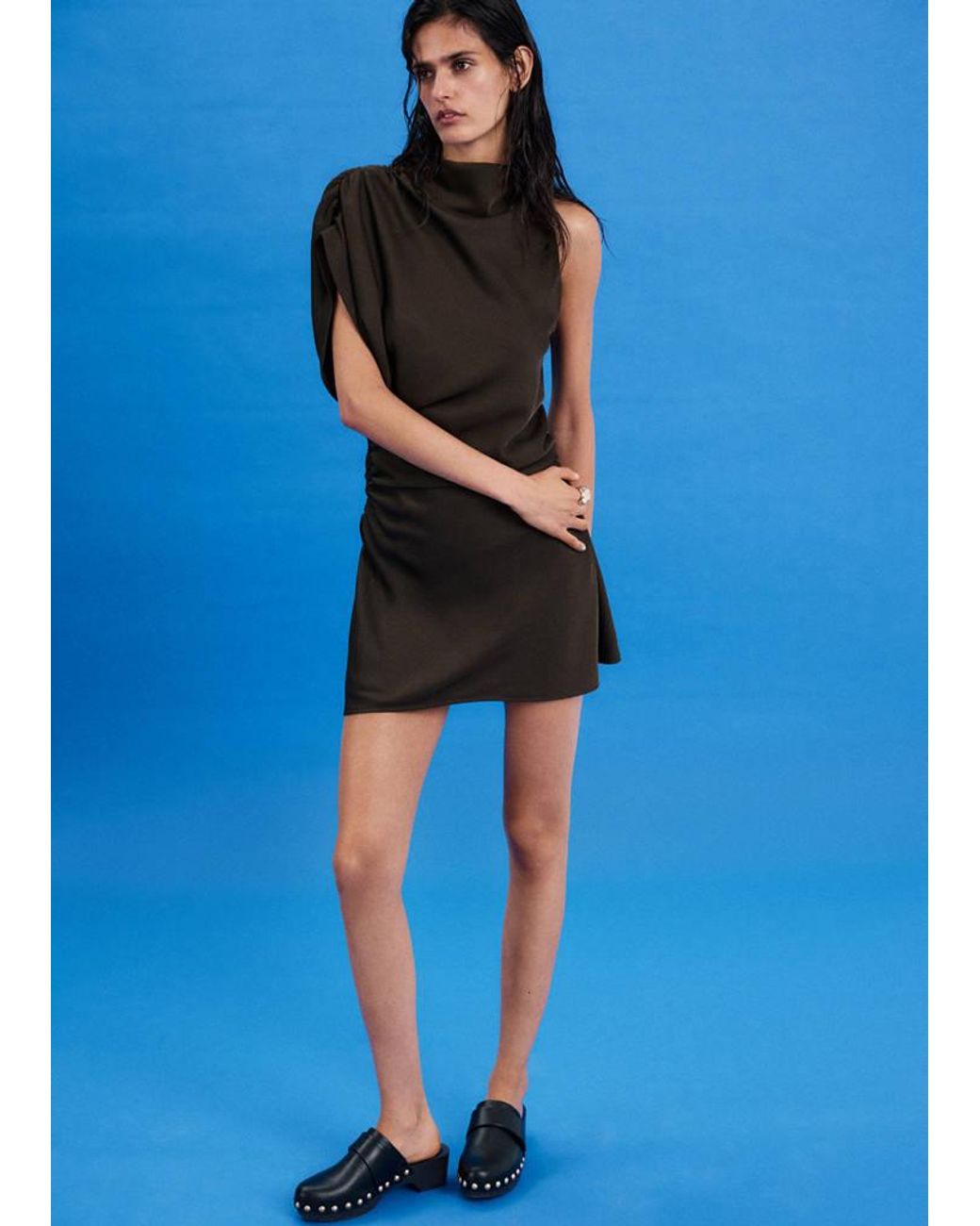 Mango Blue Asymmetric Side Ruched Dress