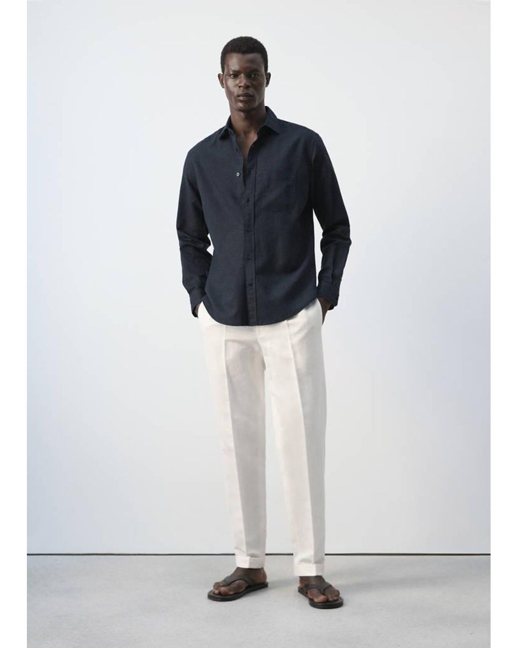 Mango Blue Regular-Fit Linen Cotton Shirt for men