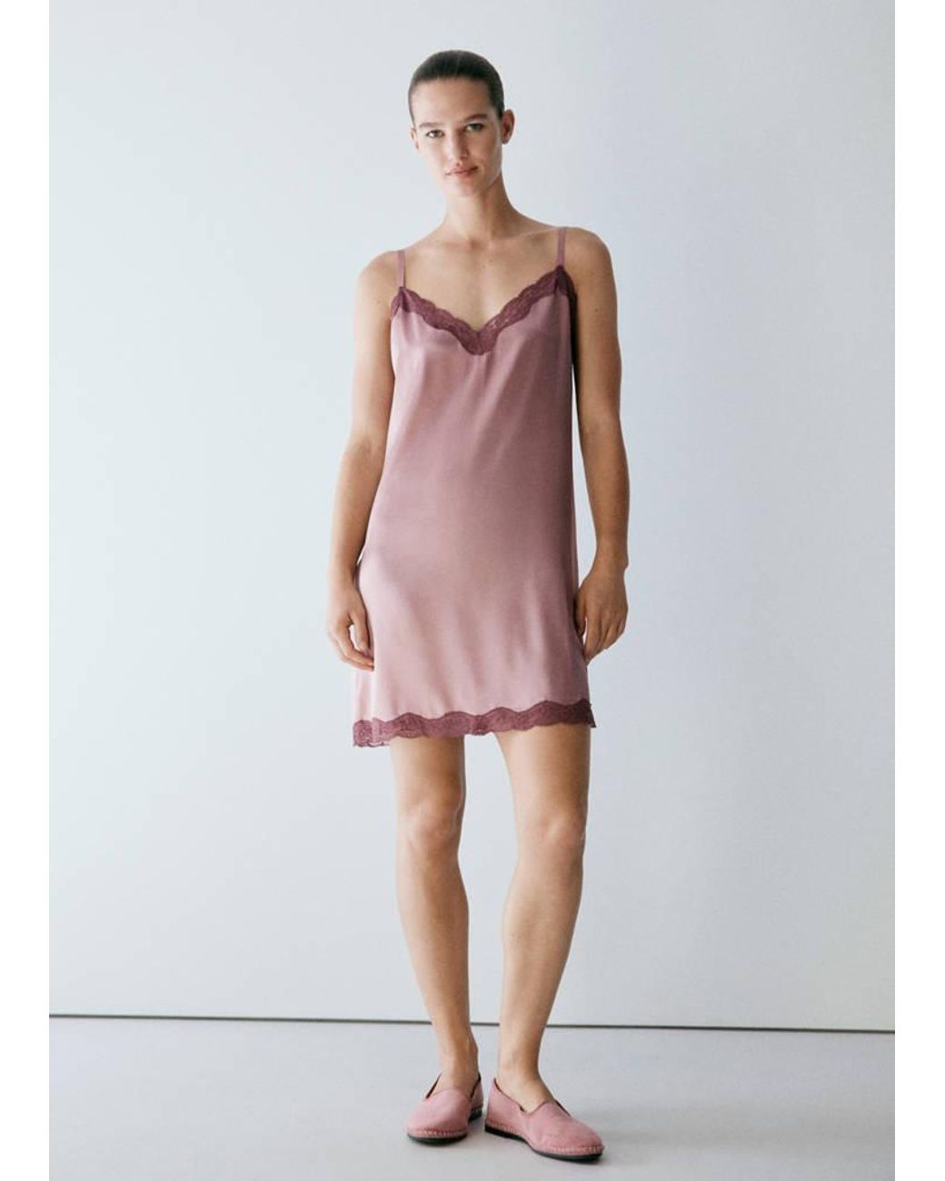 Mango Red Silk Nightdress With Lace