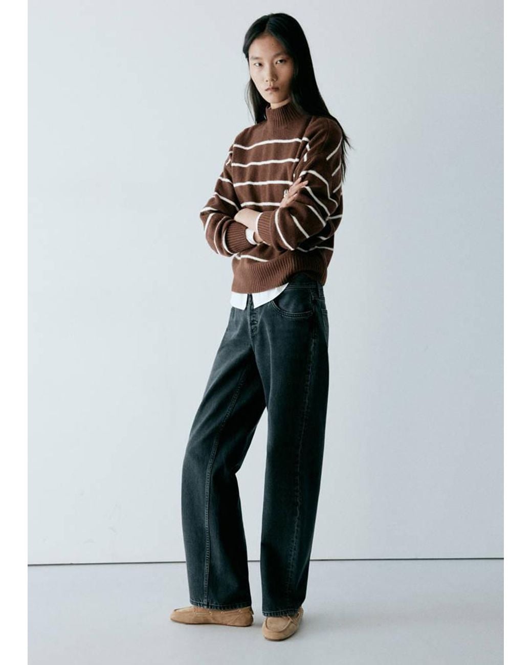 Mango Blue Striped Sweater With Perkins Neck