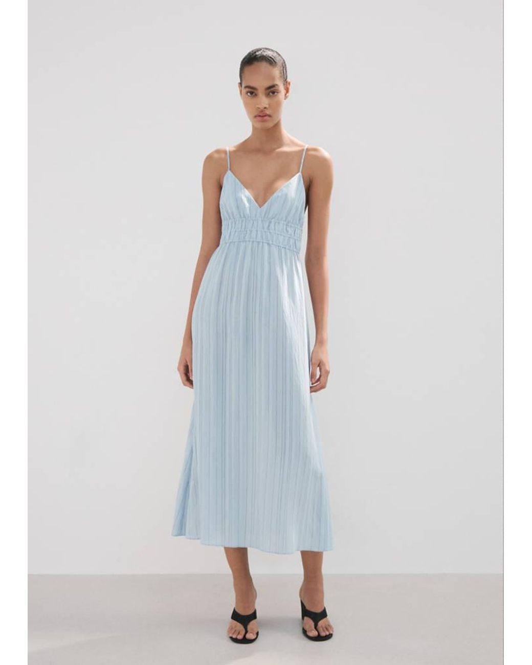 Mango White Striped Gathered Dress