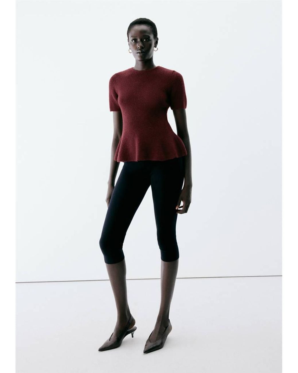 Mango Red Ribbed Peplum Sweater