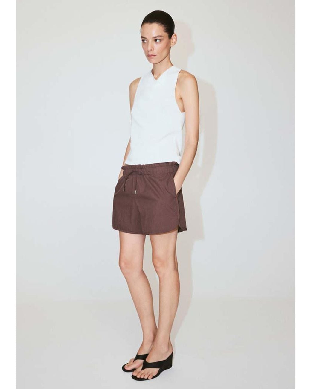 Mango White Straight Shorts With Ruched Waist