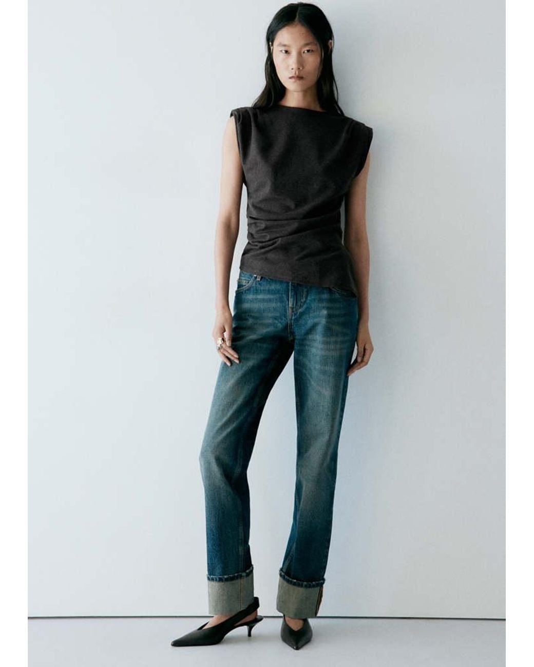 Mango Gray Asymmetric Side Ruched Top
