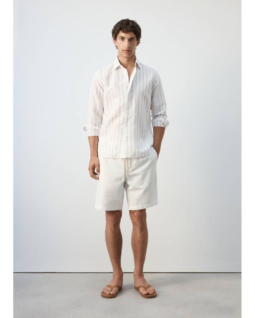 Mango White Linen-Cotton Blend Stripe Shirt for men