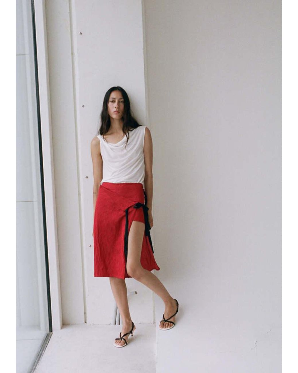 Mango Red Ruched Strips Sandals