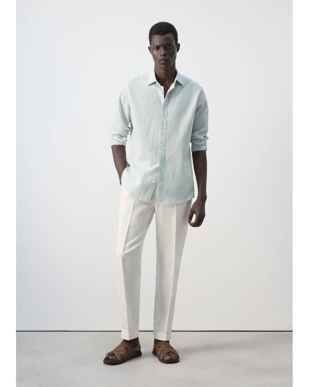 Mango Gray Seersucker Striped Texture Shirt for men