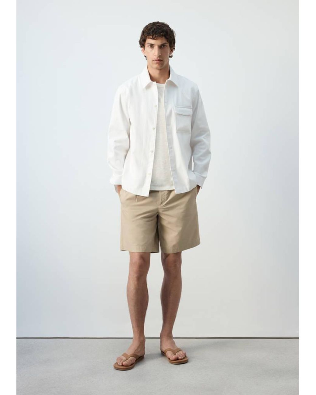 Mango White Regular Fit Cotton-Linen Blend Overshirt for men