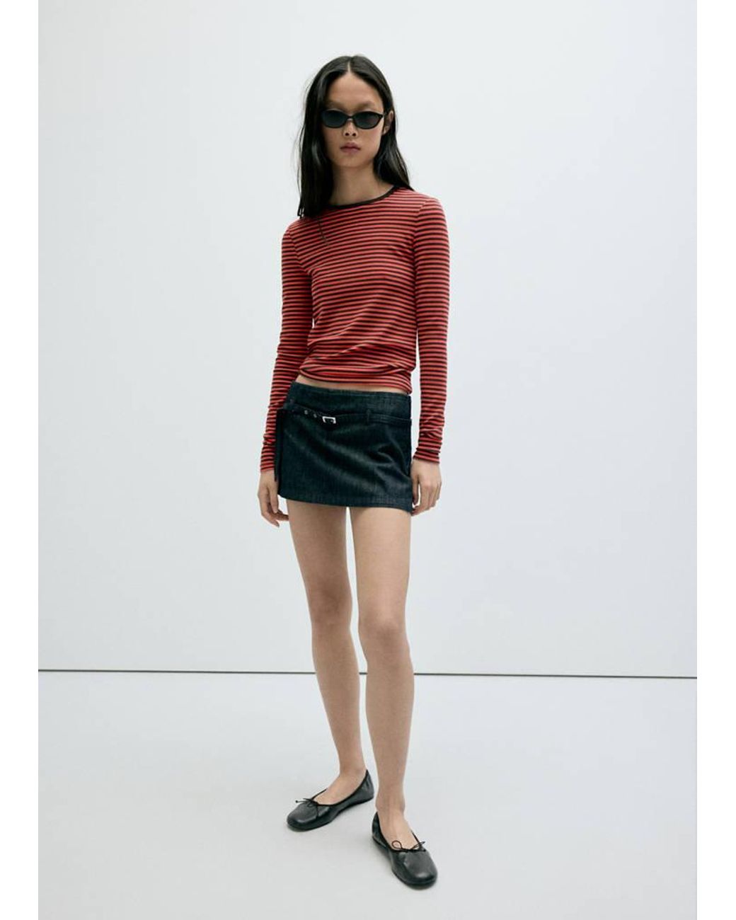 Mango Red Long-Sleeved Striped T-Shirt