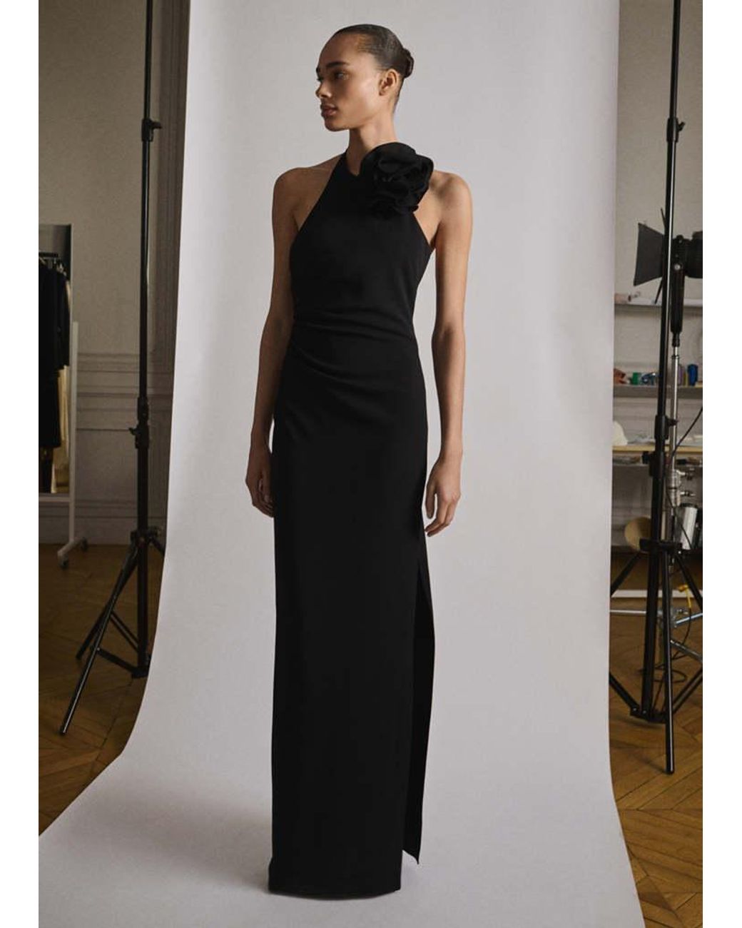 mango black halter neck dress Draped Halter-Neck With Flower Motif in Neck midi