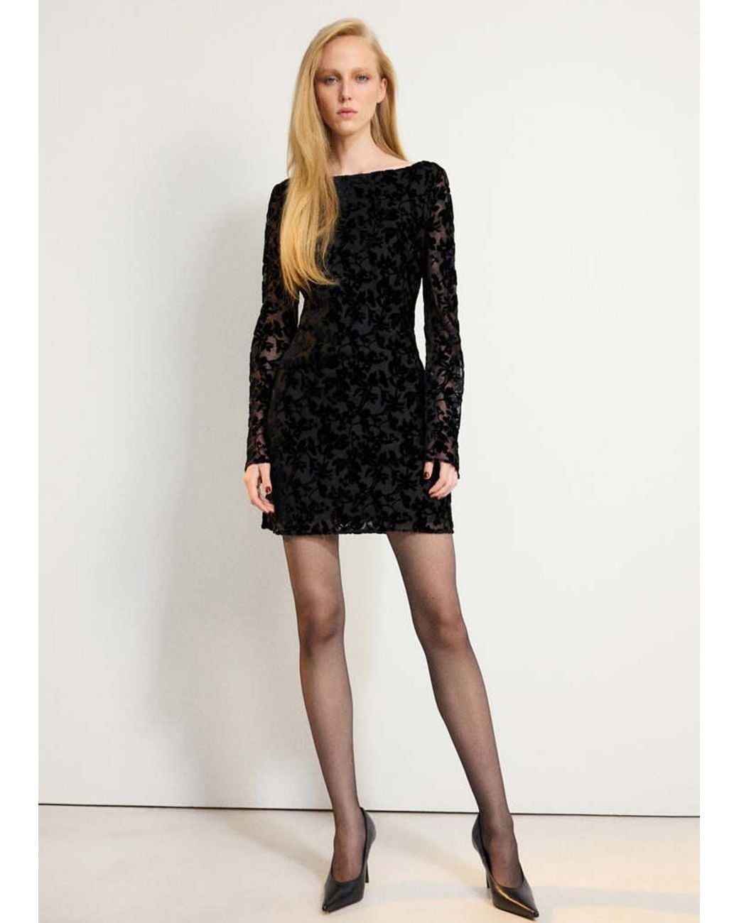 Mango Black Devoré Dress With Boat Neckline
