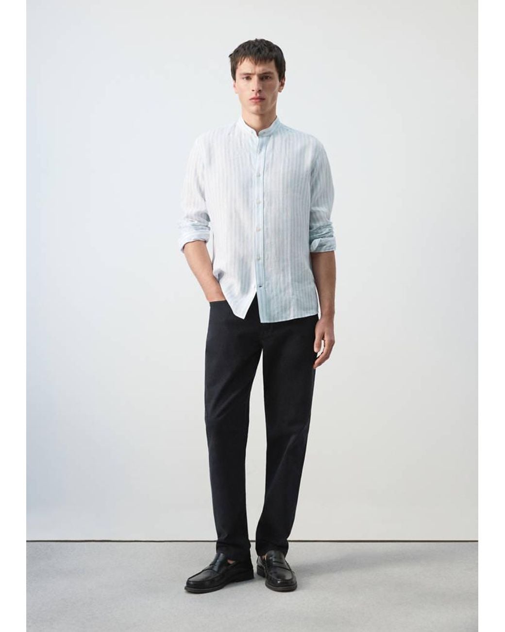 Mango White 100% Linen Striped Grandad Collar Shirt for men